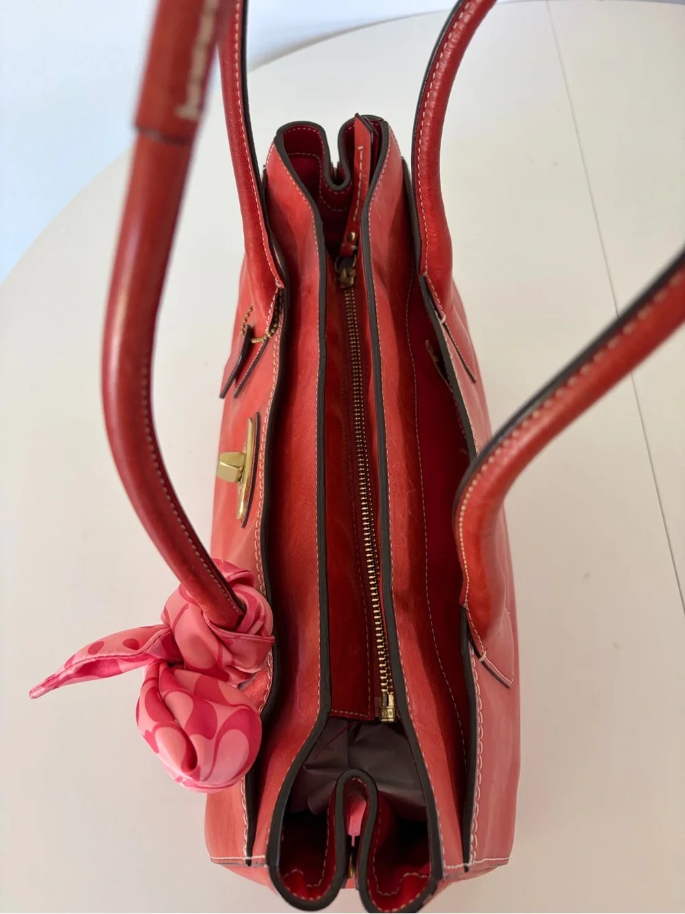 Coach Hamptons Madeline Large Leather Tote 11554 Red Orange Turnlock Scarf